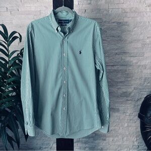 RALPH LAUREN Green Stripe Custom Fit Poplin Button Down Shirt 15 1/2